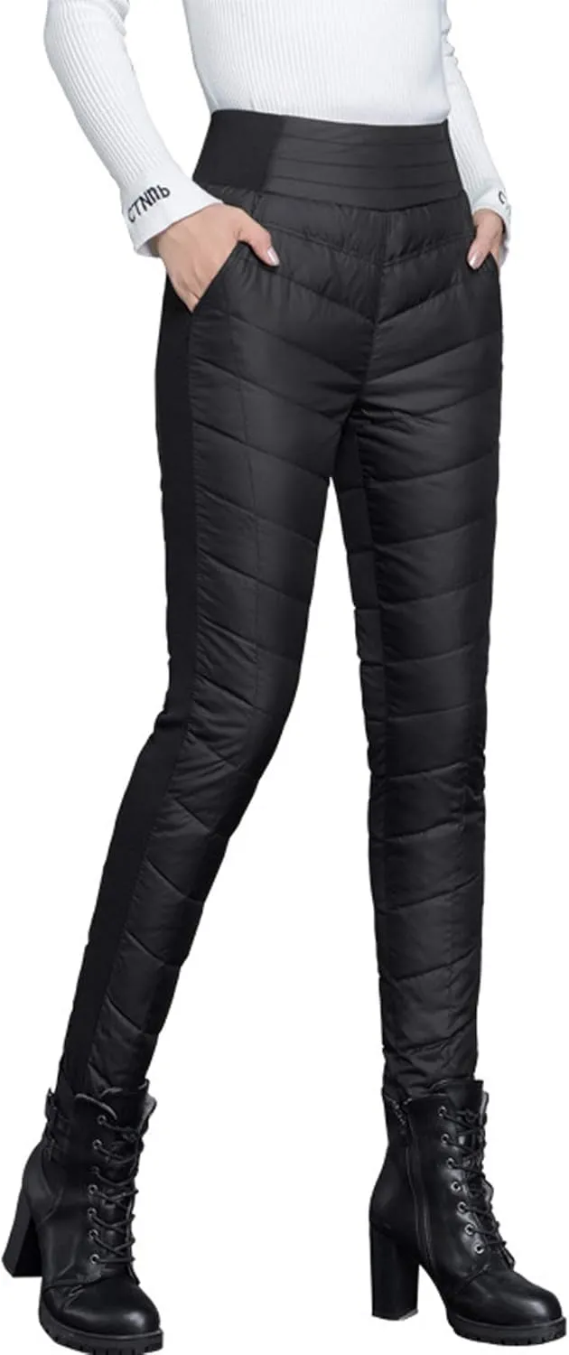 GGUHHU Womens Classic Elastic High Waist Quilted Padded Tapered Leg Long Down Pants