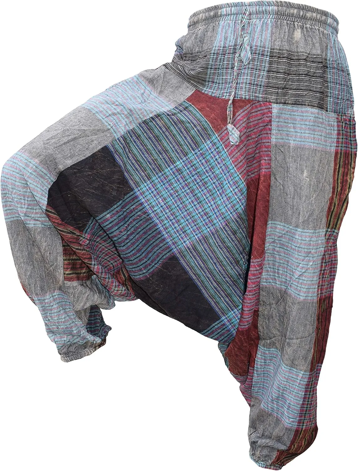 Gheri Men's Multicolored Patchwork Elastic Waist Harem Genie Pants Trousers