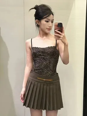 Girlary Summer Sexy Lace Leopard Printed Camisole Tops for Women Fashion Spaghetti Strap Undershirts Female Slim Fit Cropped Top