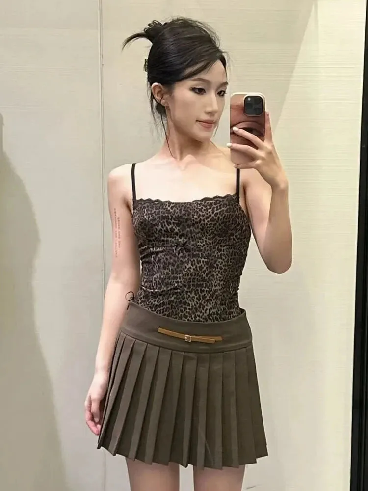Girlary Summer Sexy Lace Leopard Printed Camisole Tops for Women Fashion Spaghetti Strap Undershirts Female Slim Fit Cropped Top