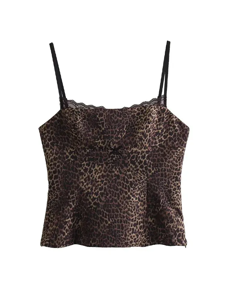 Girlary Summer Sexy Lace Leopard Printed Camisole Tops for Women Fashion Spaghetti Strap Undershirts Female Slim Fit Cropped Top