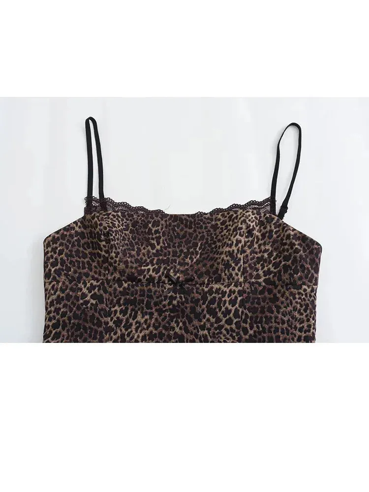 Girlary Summer Sexy Lace Leopard Printed Camisole Tops for Women Fashion Spaghetti Strap Undershirts Female Slim Fit Cropped Top