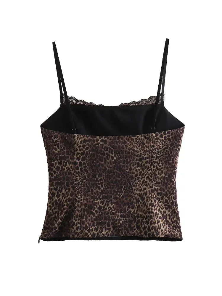 Girlary Summer Sexy Lace Leopard Printed Camisole Tops for Women Fashion Spaghetti Strap Undershirts Female Slim Fit Cropped Top