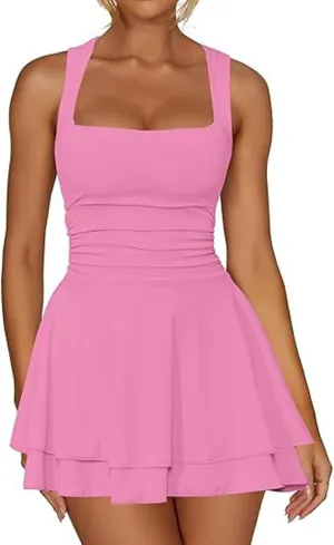 Going Out Dresses for Women Square Neck Ruffle Hem Mini Dress Ruched Waist Short Party Dresses Beach Vacation Outfits