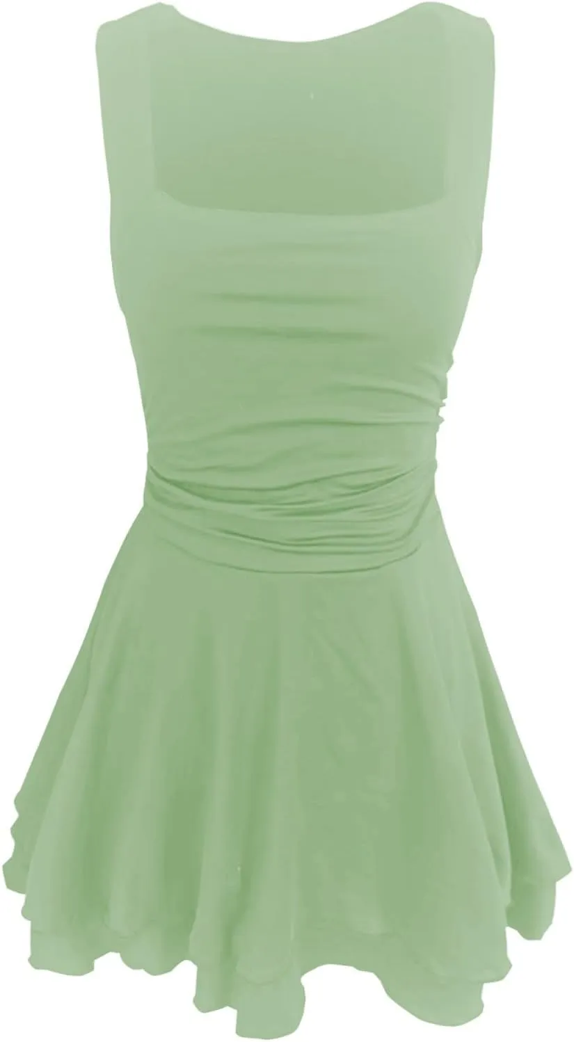 Going Out Dresses for Women Square Neck Ruffle Hem Mini Dress Ruched Waist Short Party Dresses Beach Vacation Outfits