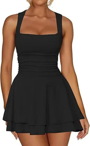 Going Out Dresses for Women Square Neck Ruffle Hem Mini Dress Ruched Waist Short Party Dresses Beach Vacation Outfits