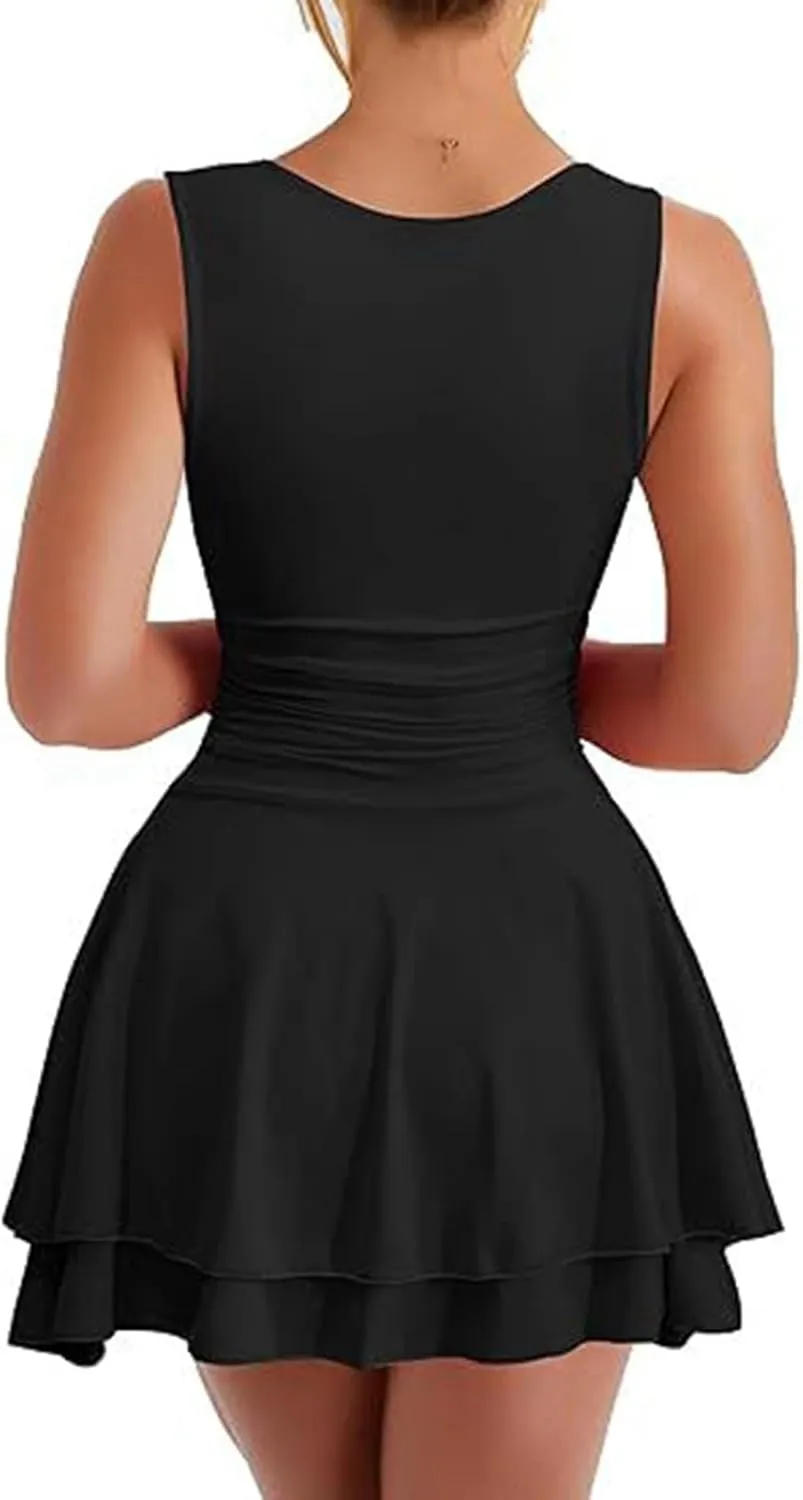 Going Out Dresses for Women Square Neck Ruffle Hem Mini Dress Ruched Waist Short Party Dresses Beach Vacation Outfits