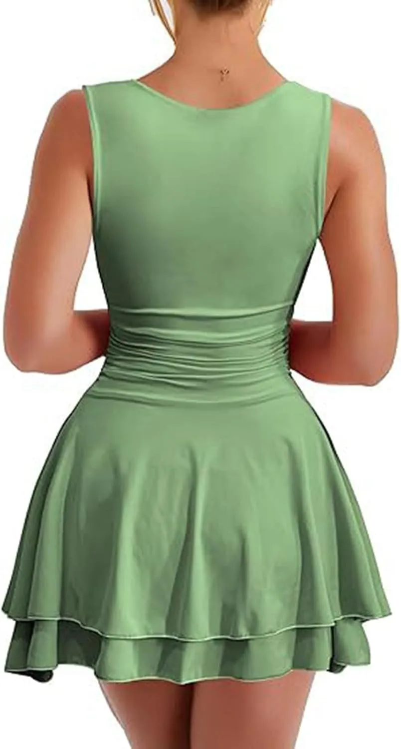 Going Out Dresses for Women Square Neck Ruffle Hem Mini Dress Ruched Waist Short Party Dresses Beach Vacation Outfits