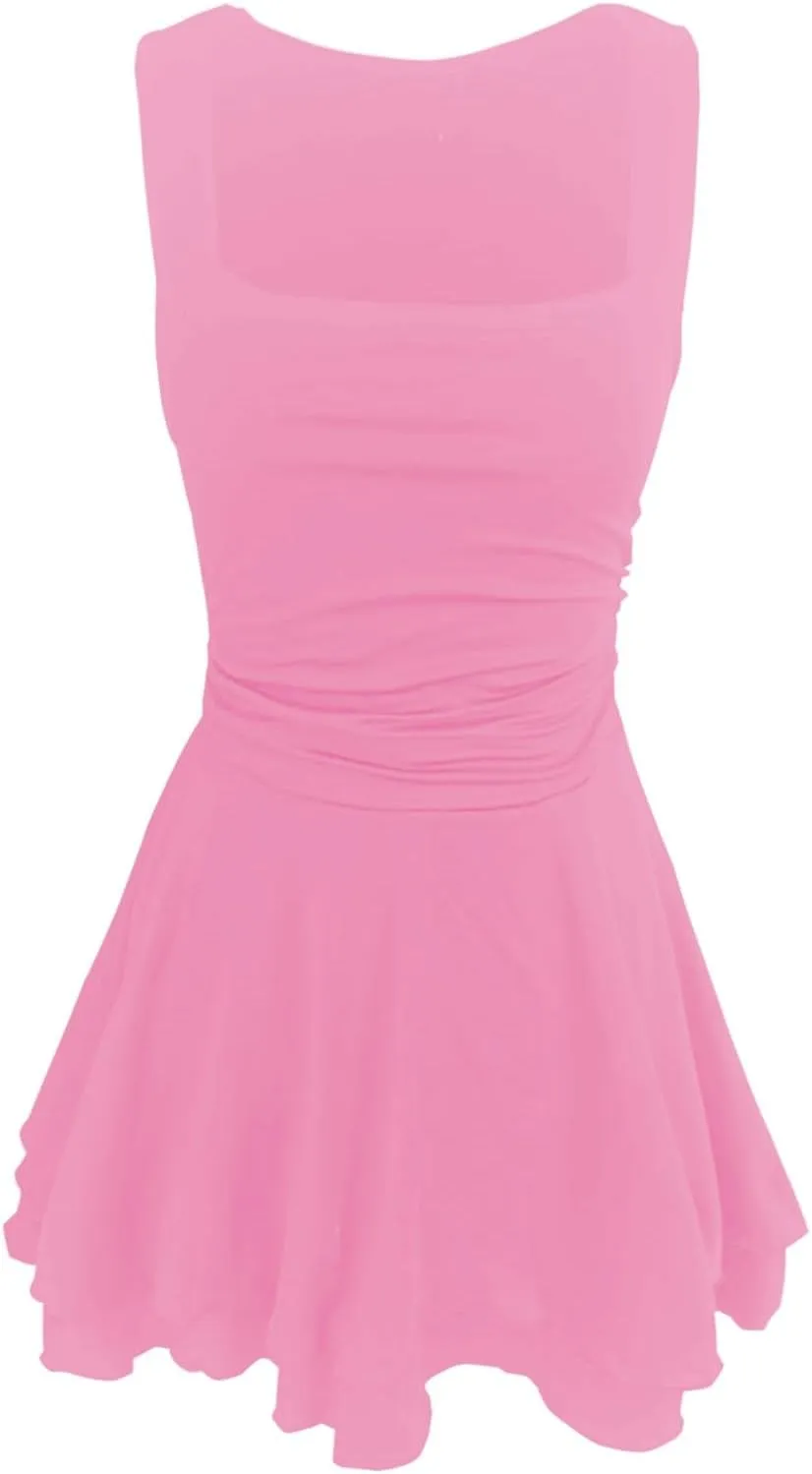 Going Out Dresses for Women Square Neck Ruffle Hem Mini Dress Ruched Waist Short Party Dresses Beach Vacation Outfits
