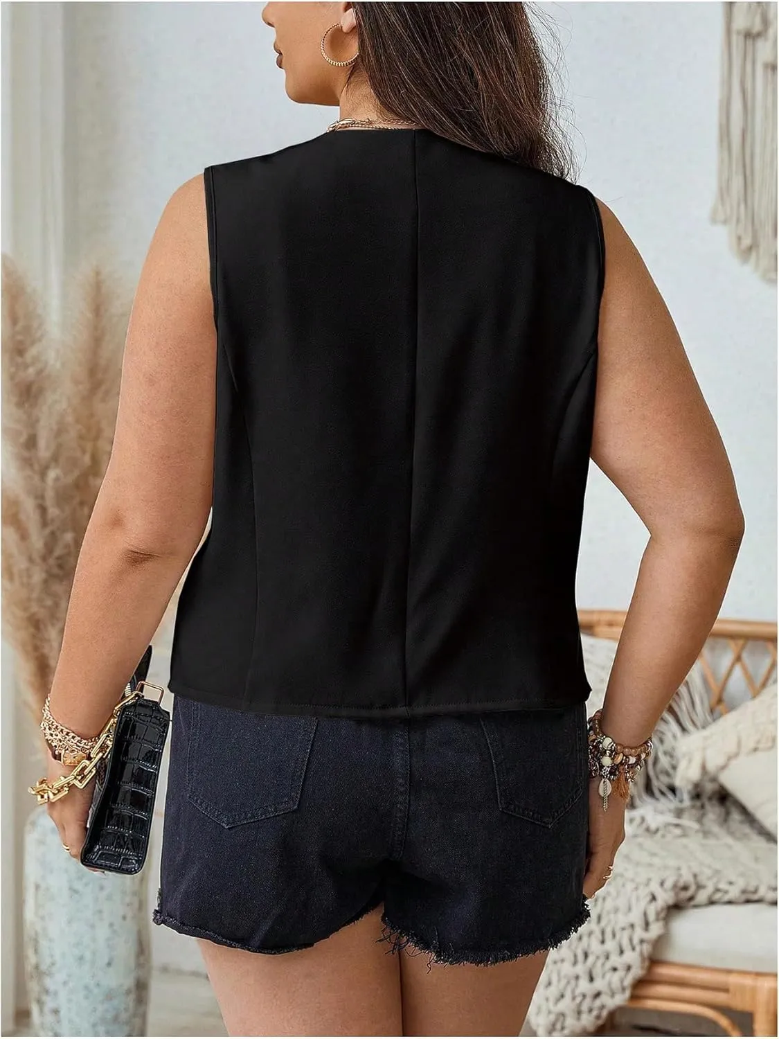 GORGLITTER Women's Plus Size Sleeveless Blazer Vest Deep V Neck Open Front Cardigan Button Up Vest Jacket