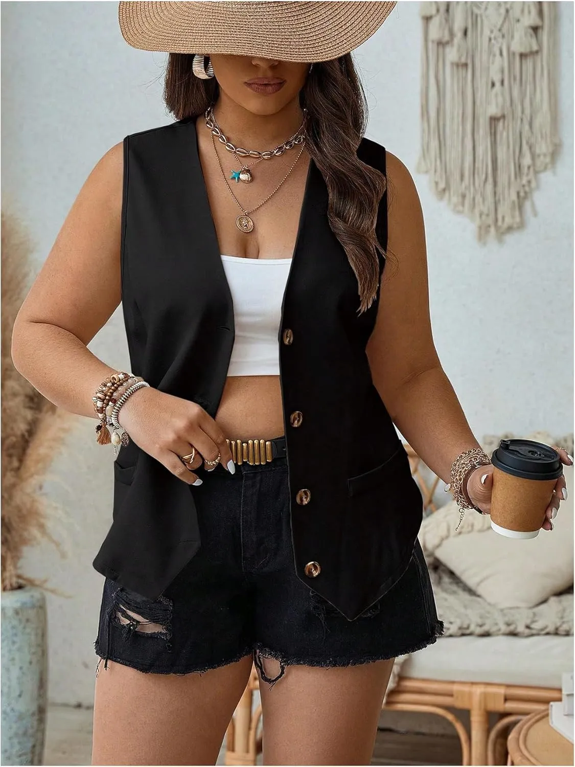 GORGLITTER Women's Plus Size Sleeveless Blazer Vest Deep V Neck Open Front Cardigan Button Up Vest Jacket