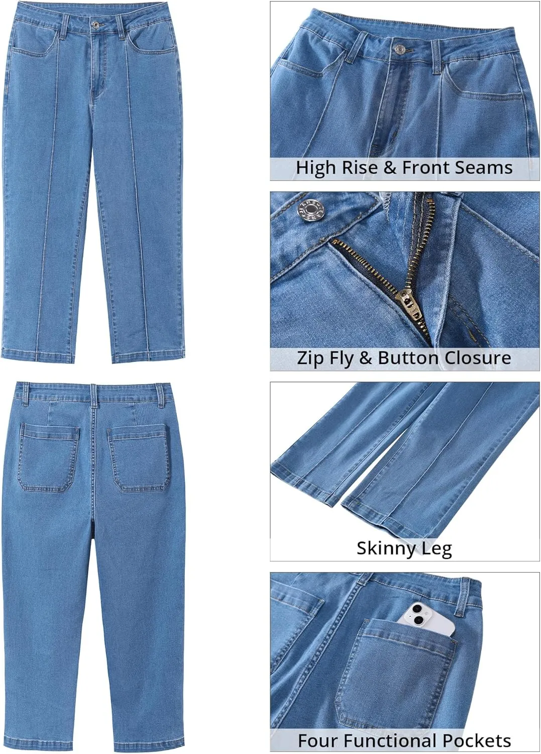 GRAPENT Capri Jeans for Women High Waisted Stretchy Denim Capris Front Seamed Cropped Skinny Slim Fit Jeans with Pockets
