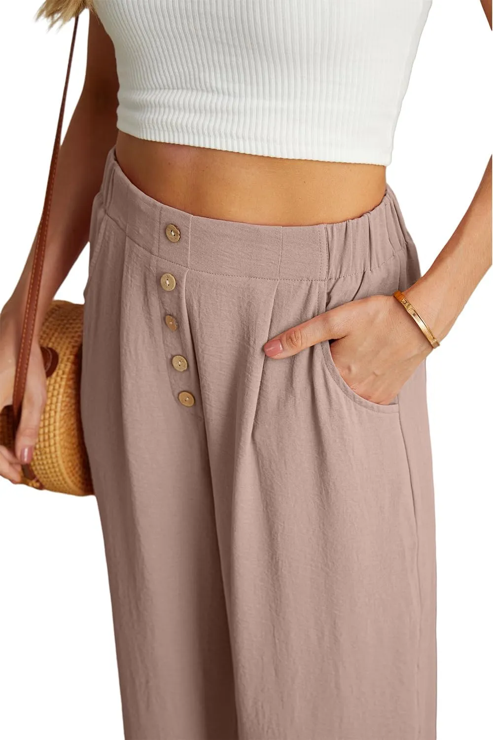 GRECERELLE Women Palazzo Pants Wide Leg Flowy Pants High Waist Casual Button Long Lounge Pant Trousers with Pocket