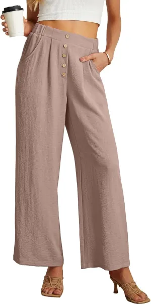 GRECERELLE Women Palazzo Pants Wide Leg Flowy Pants High Waist Casual Button Long Lounge Pant Trousers with Pocket