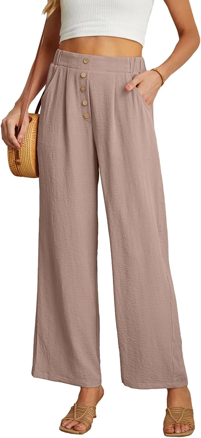 GRECERELLE Women Palazzo Pants Wide Leg Flowy Pants High Waist Casual Button Long Lounge Pant Trousers with Pocket