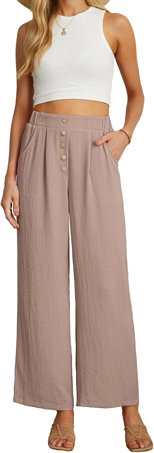 GRECERELLE Women Palazzo Pants Wide Leg Flowy Pants High Waist Casual Button Long Lounge Pant Trousers with Pocket