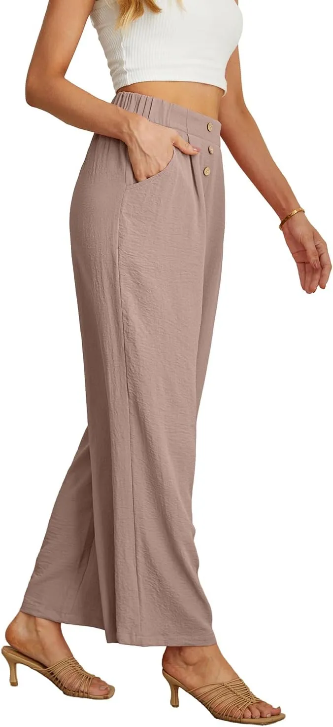 GRECERELLE Women Palazzo Pants Wide Leg Flowy Pants High Waist Casual Button Long Lounge Pant Trousers with Pocket