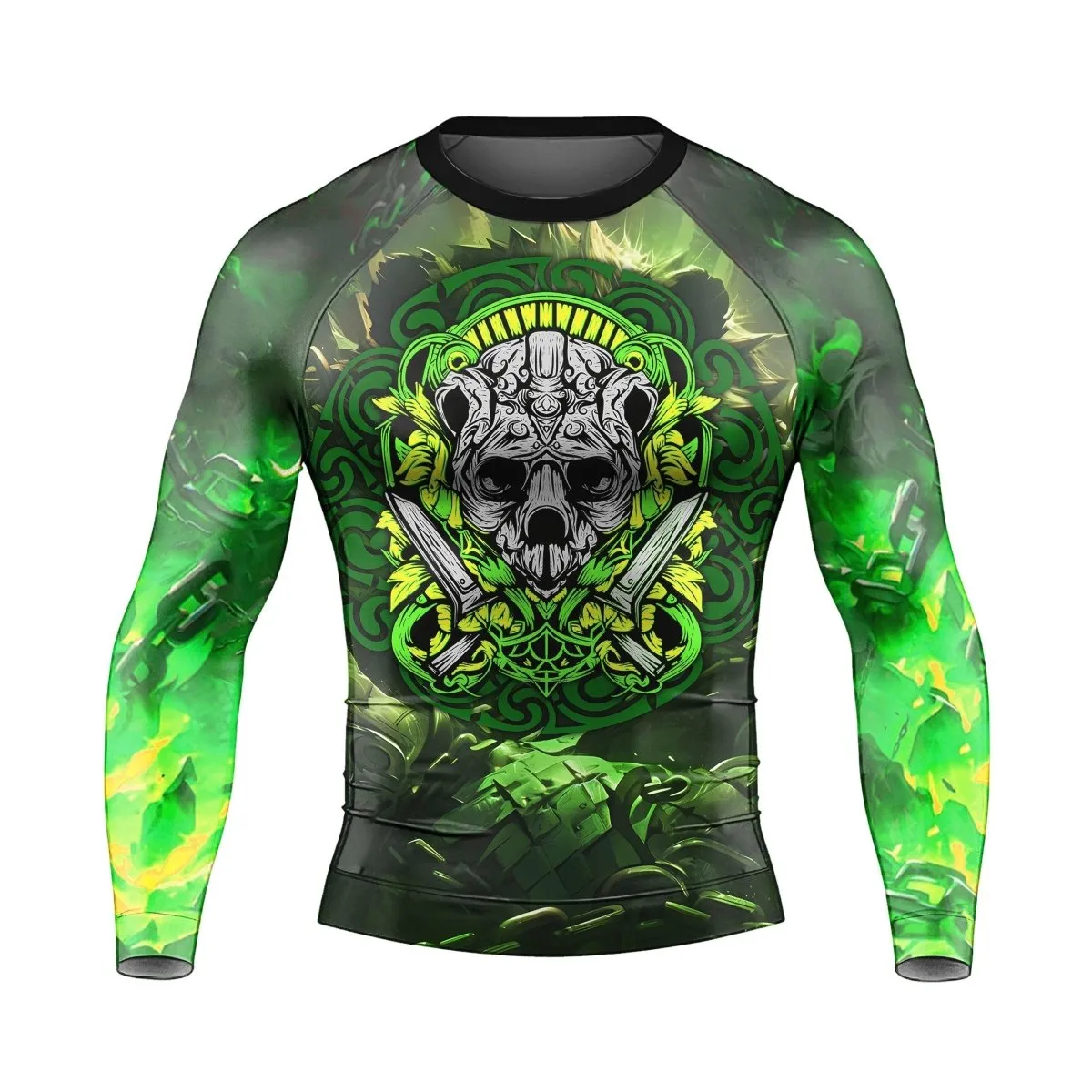 Green Panda Skull Long Sleeve Rash Guard