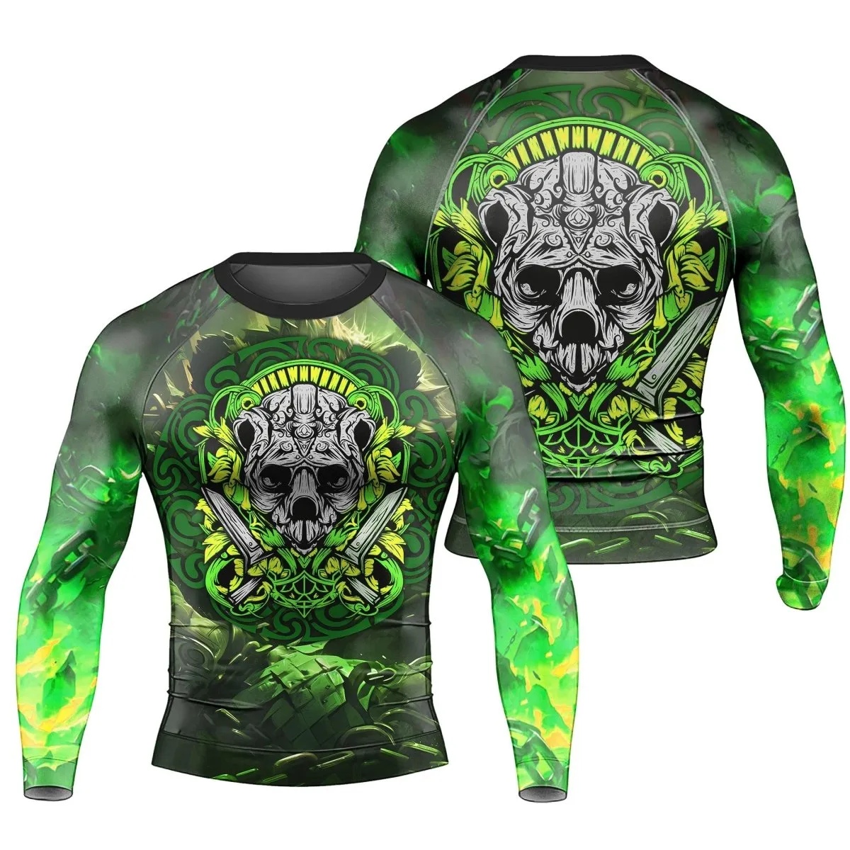 Green Panda Skull Long Sleeve Rash Guard
