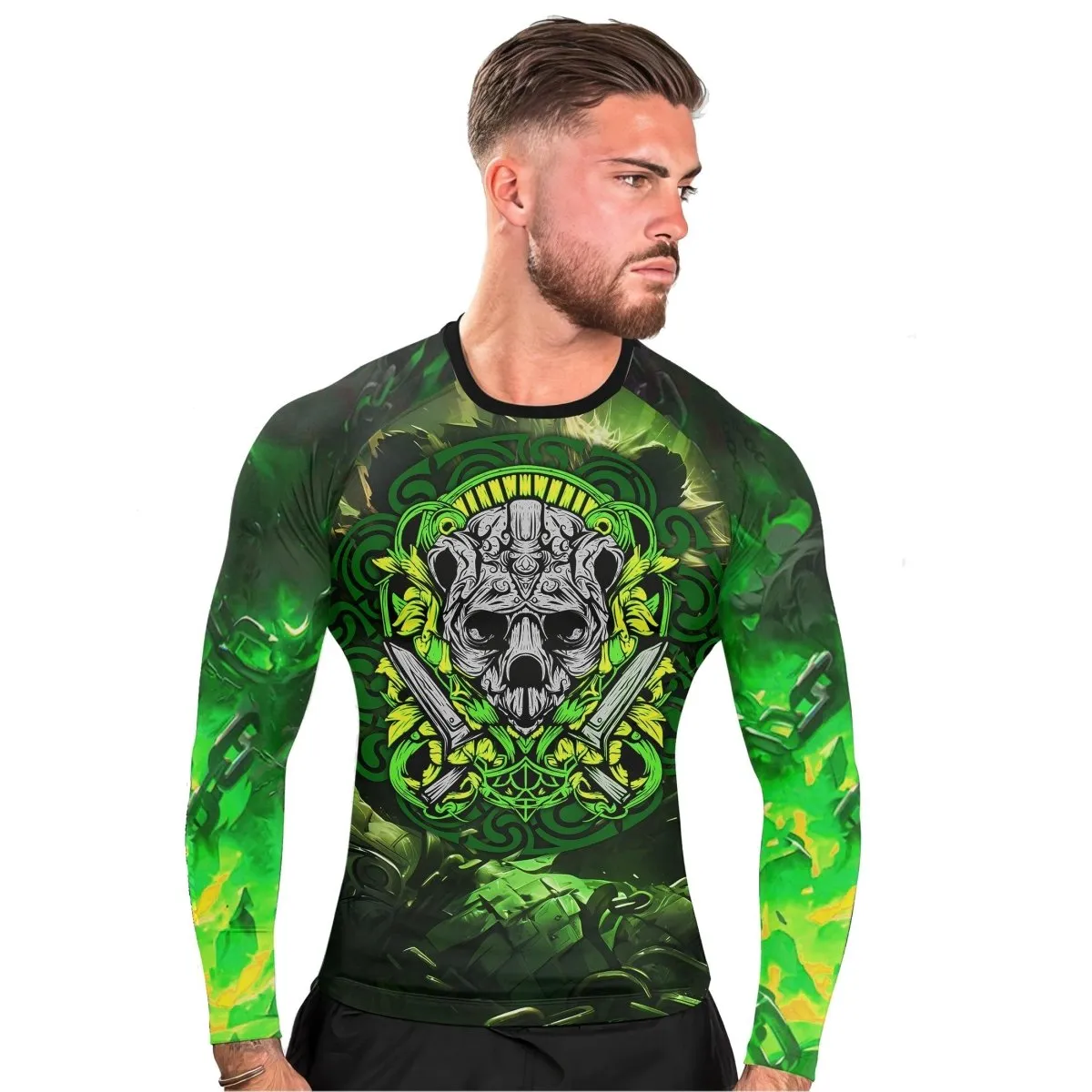 Green Panda Skull Long Sleeve Rash Guard