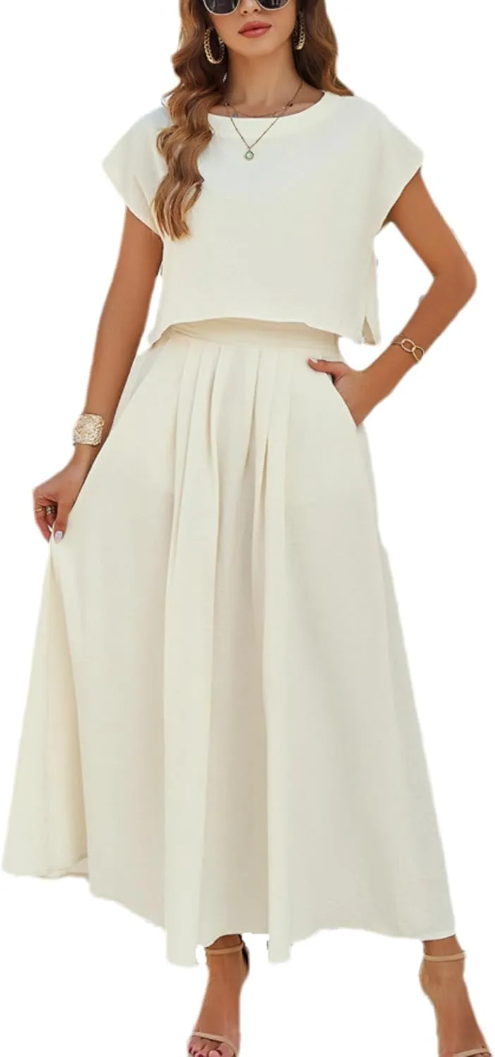 HangNiFang 2025 Summer Skirt Sets Women 2 Piece Outfits Cap Sleeve Top Elastic Waist Maxi Dress Sets with Pockets