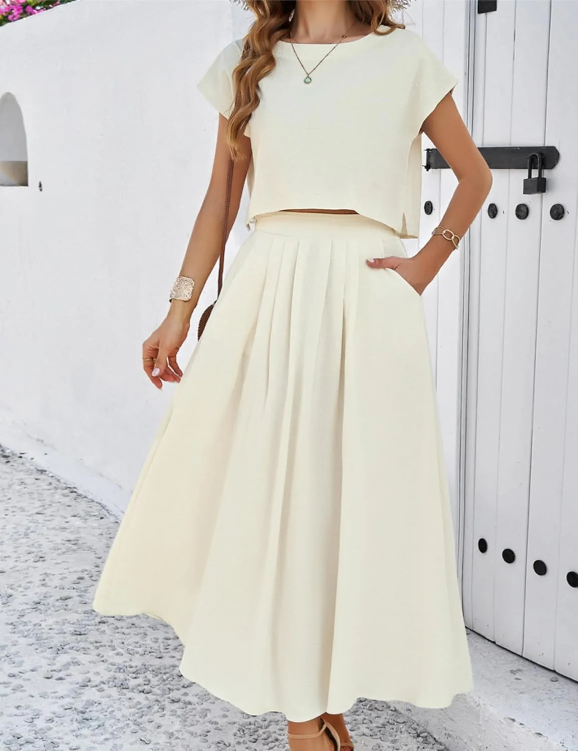 HangNiFang 2025 Summer Skirt Sets Women 2 Piece Outfits Cap Sleeve Top Elastic Waist Maxi Dress Sets with Pockets