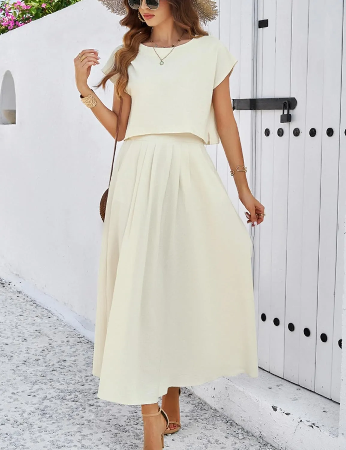 HangNiFang 2025 Summer Skirt Sets Women 2 Piece Outfits Cap Sleeve Top Elastic Waist Maxi Dress Sets with Pockets