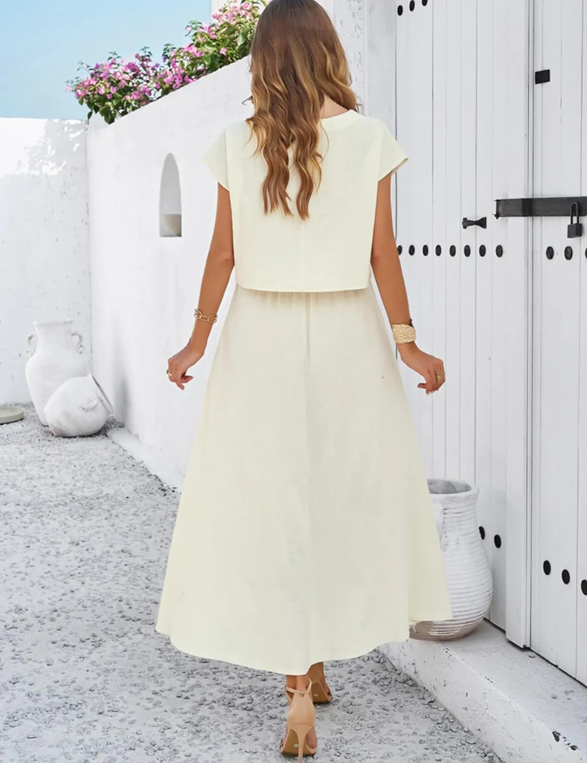 HangNiFang 2025 Summer Skirt Sets Women 2 Piece Outfits Cap Sleeve Top Elastic Waist Maxi Dress Sets with Pockets