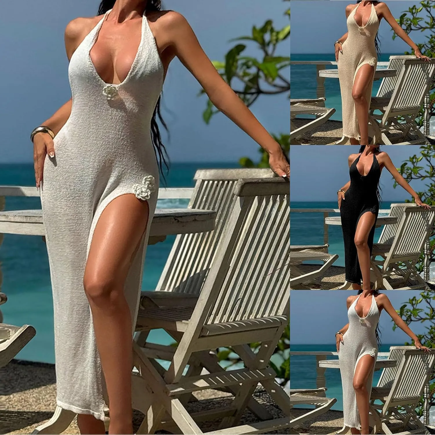 HGps8w Crochet Knit Maxi Dress for Women Summer Sexy Halter Plunge Sleeveless Bikini Coverups Sundress for Vacation Beach