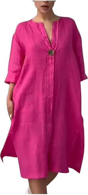 HGps8w Plus Size Cotton Linen Dress for Women 2025 Summer Loose V Neck Vintage 3/4 Sleeve Lightweight Casual Solid Midi Dress