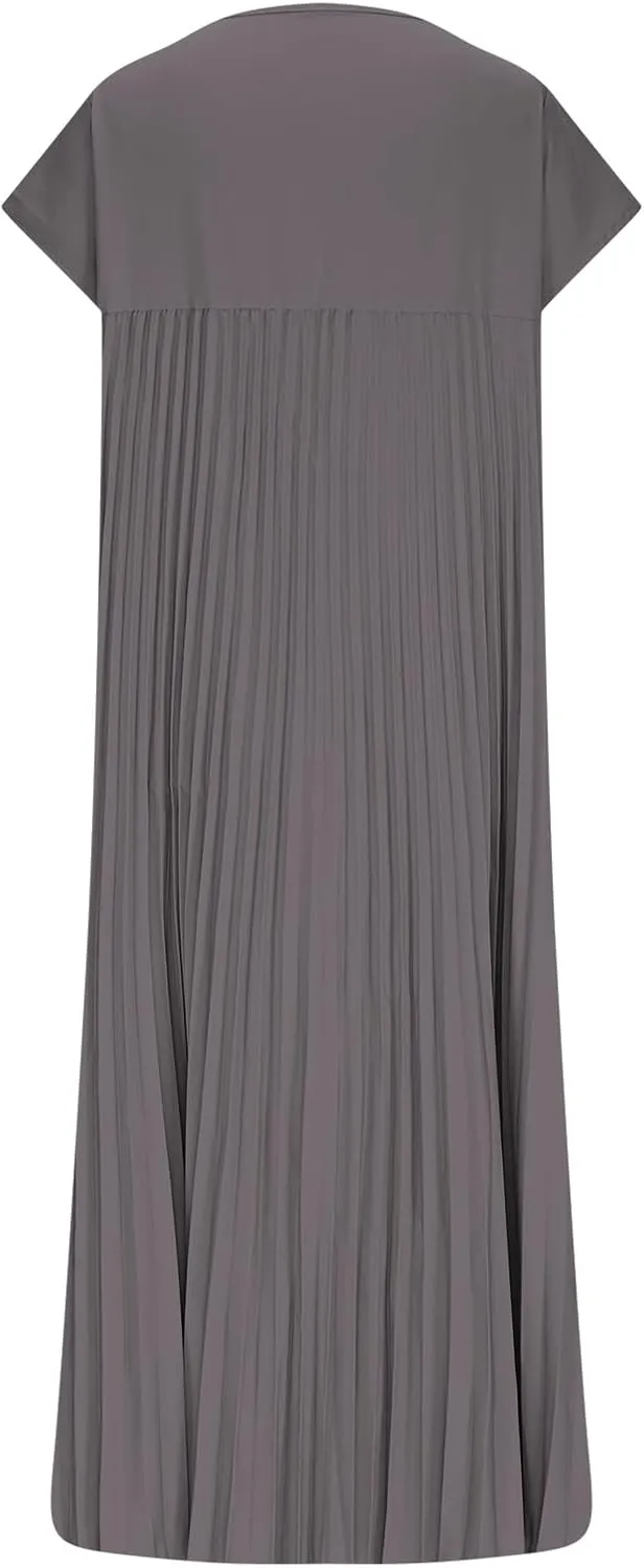 HGps8w Summer Dresses for Women 2025 Elegant Pleated A-Line Swing Wedding Guests Dress Loose Cap Sleeve Solid Midi Skirt