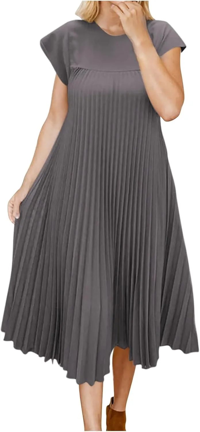 HGps8w Summer Dresses for Women 2025 Elegant Pleated A-Line Swing Wedding Guests Dress Loose Cap Sleeve Solid Midi Skirt