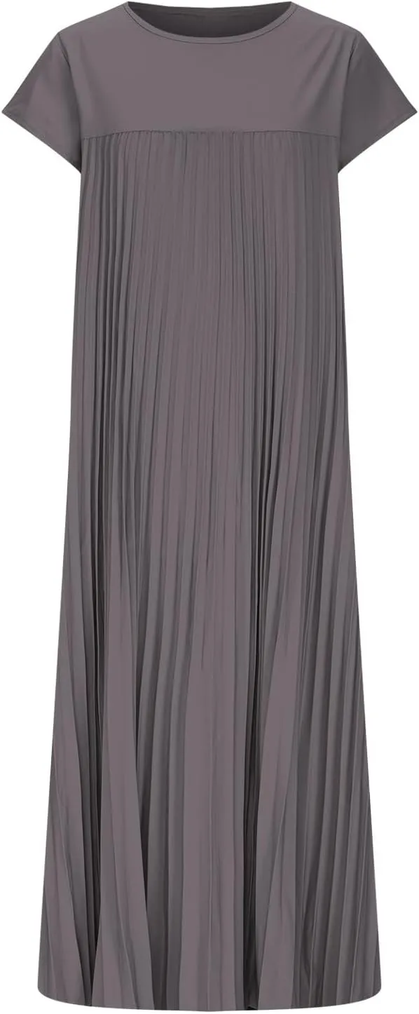 HGps8w Summer Dresses for Women 2025 Elegant Pleated A-Line Swing Wedding Guests Dress Loose Cap Sleeve Solid Midi Skirt