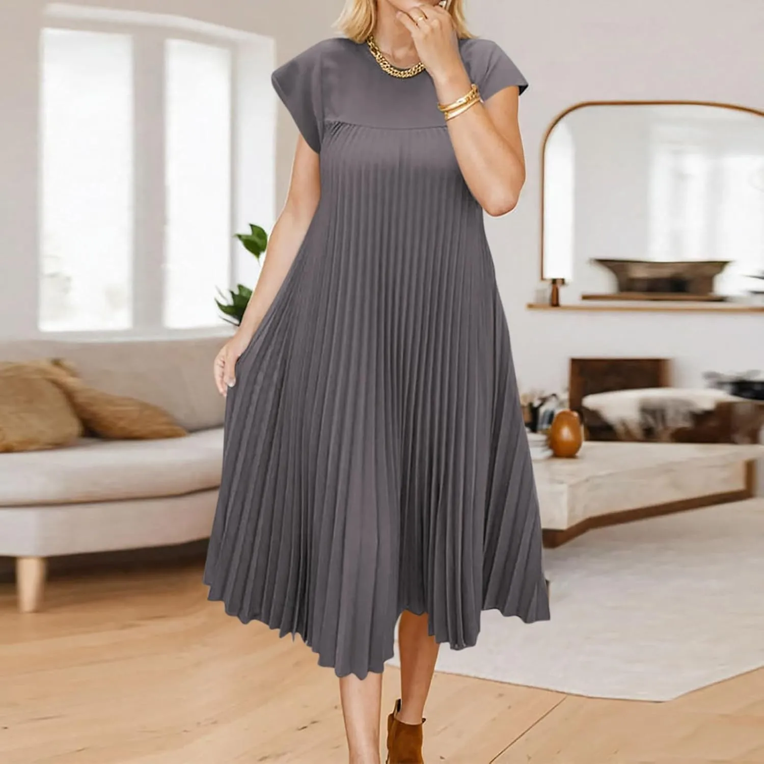 HGps8w Summer Dresses for Women 2025 Elegant Pleated A-Line Swing Wedding Guests Dress Loose Cap Sleeve Solid Midi Skirt