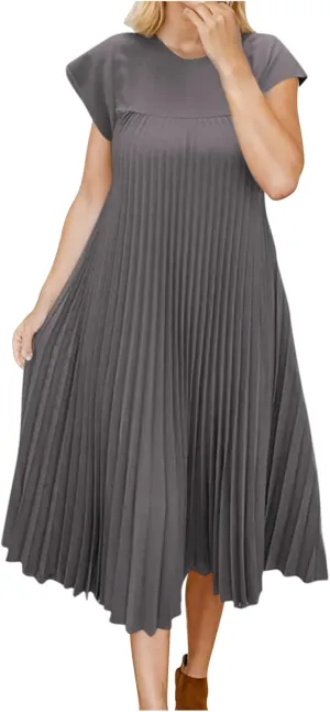 HGps8w Summer Dresses for Women 2025 Elegant Pleated A-Line Swing Wedding Guests Dress Loose Cap Sleeve Solid Midi Skirt