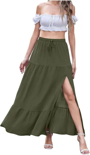 HGps8w Women's 2025 Summer Boho Linen Slit Flowy Maxi Skirt, Trendy Elastic Waist A Line Tiered Beach Long Skirts