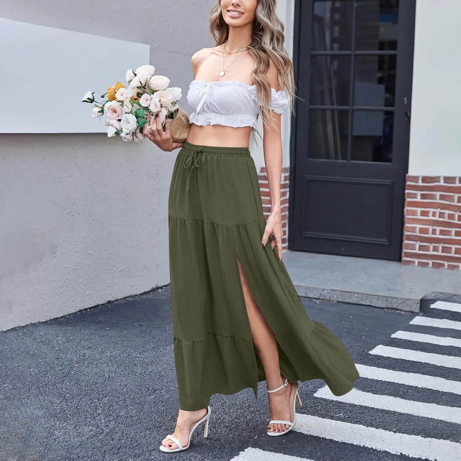 HGps8w Women's 2025 Summer Boho Linen Slit Flowy Maxi Skirt, Trendy Elastic Waist A Line Tiered Beach Long Skirts