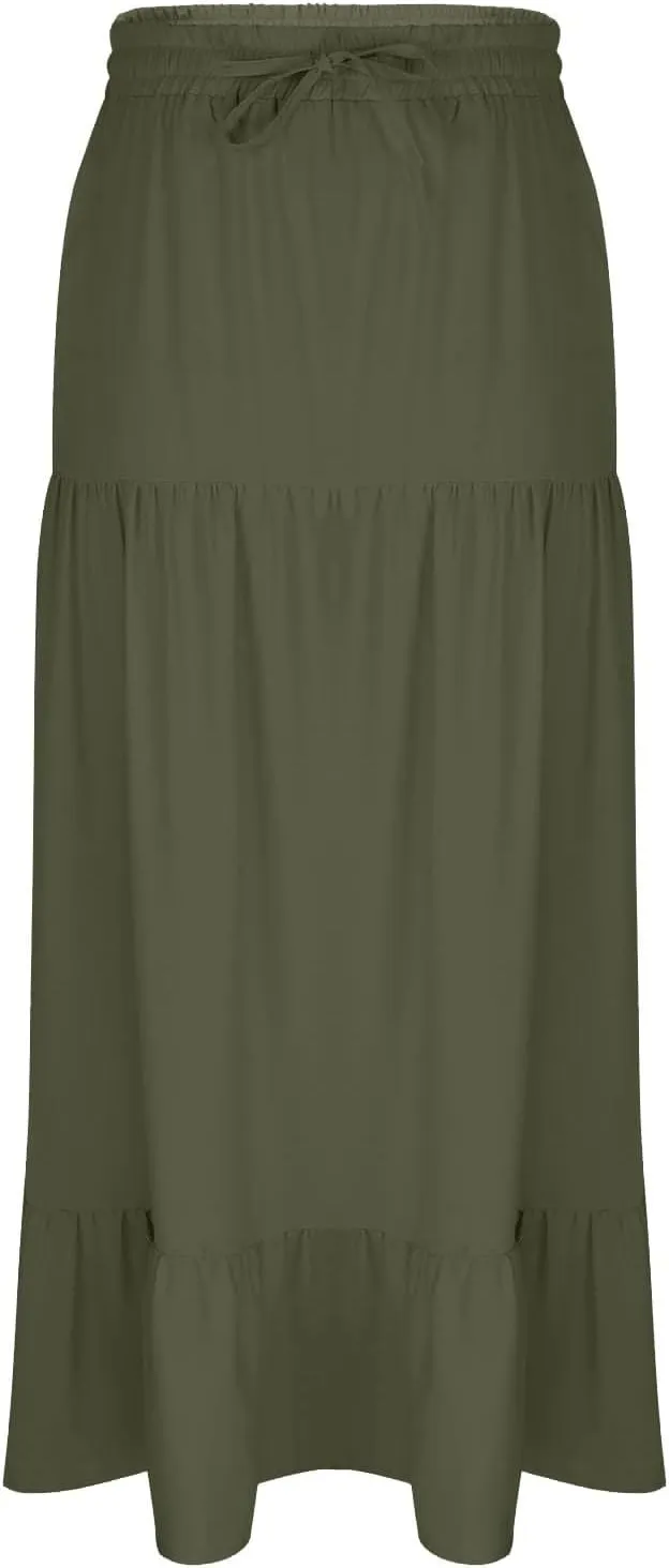 HGps8w Women's 2025 Summer Boho Linen Slit Flowy Maxi Skirt, Trendy Elastic Waist A Line Tiered Beach Long Skirts