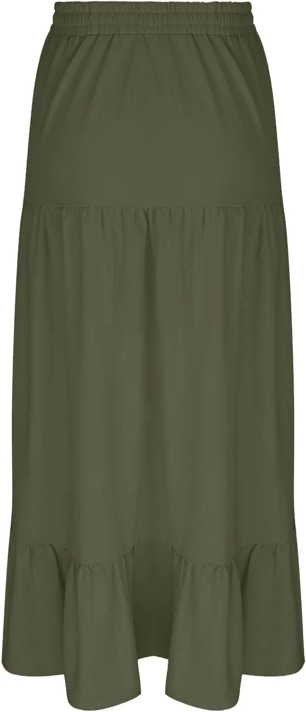 HGps8w Women's 2025 Summer Boho Linen Slit Flowy Maxi Skirt, Trendy Elastic Waist A Line Tiered Beach Long Skirts