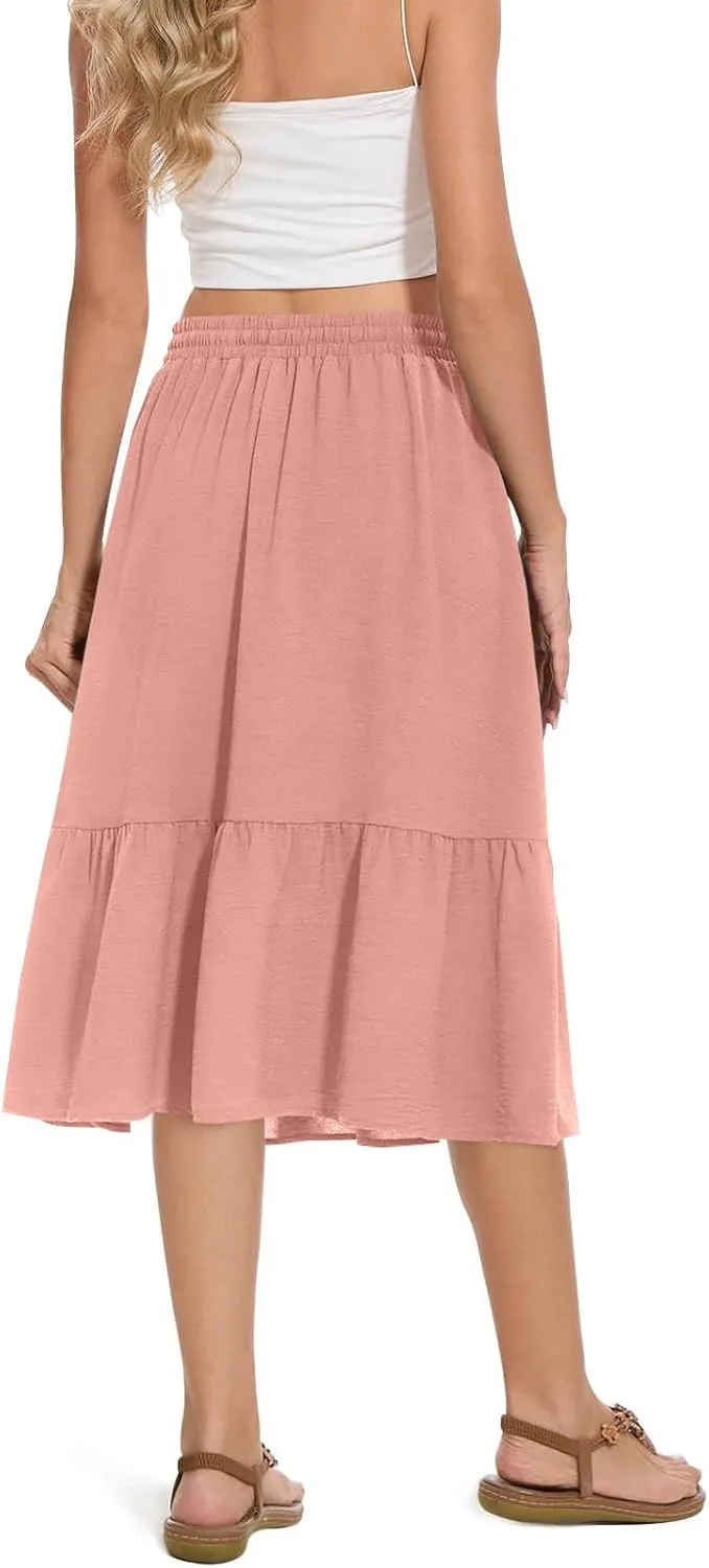 HGps8w Women's 2025 Summer Linen Midi Skirt, Trendy Casual Drawstring A-Line Elastic Waist Beach Dress Skirts with Pockets