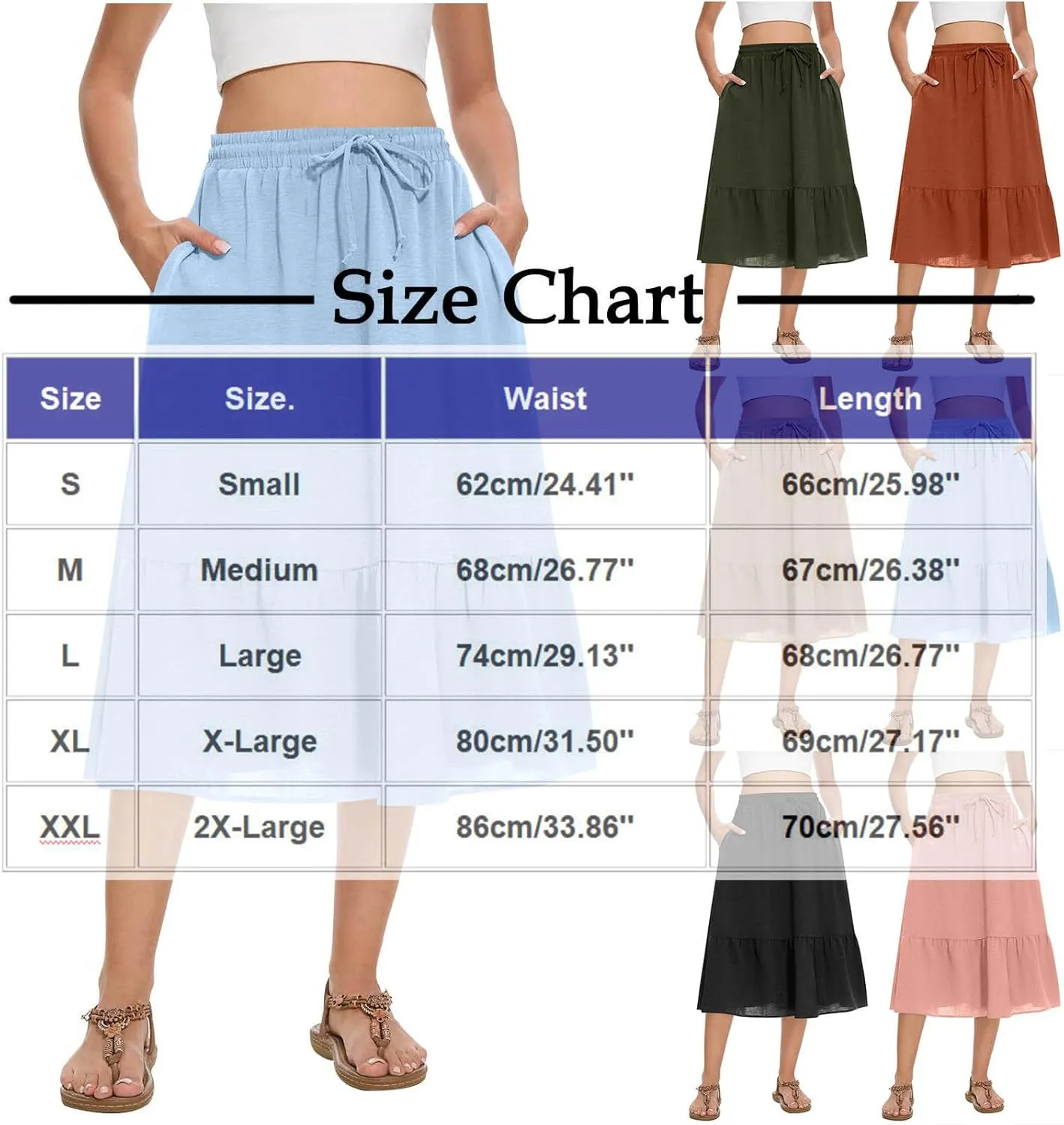 HGps8w Women's 2025 Summer Linen Midi Skirt, Trendy Casual Drawstring A-Line Elastic Waist Beach Dress Skirts with Pockets