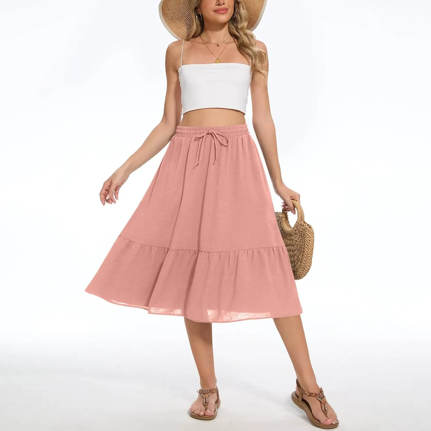 HGps8w Women's 2025 Summer Linen Midi Skirt, Trendy Casual Drawstring A-Line Elastic Waist Beach Dress Skirts with Pockets