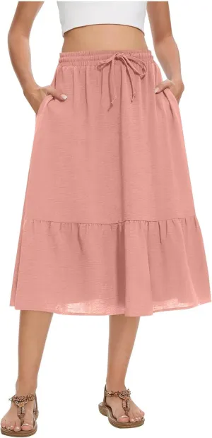 HGps8w Women's 2025 Summer Linen Midi Skirt, Trendy Casual Drawstring A-Line Elastic Waist Beach Dress Skirts with Pockets