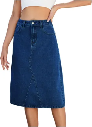 HGps8w Womens A-Line Denim Mini Skirts Loose Summer High Waisted Casual Midi Skirt with Pockets
