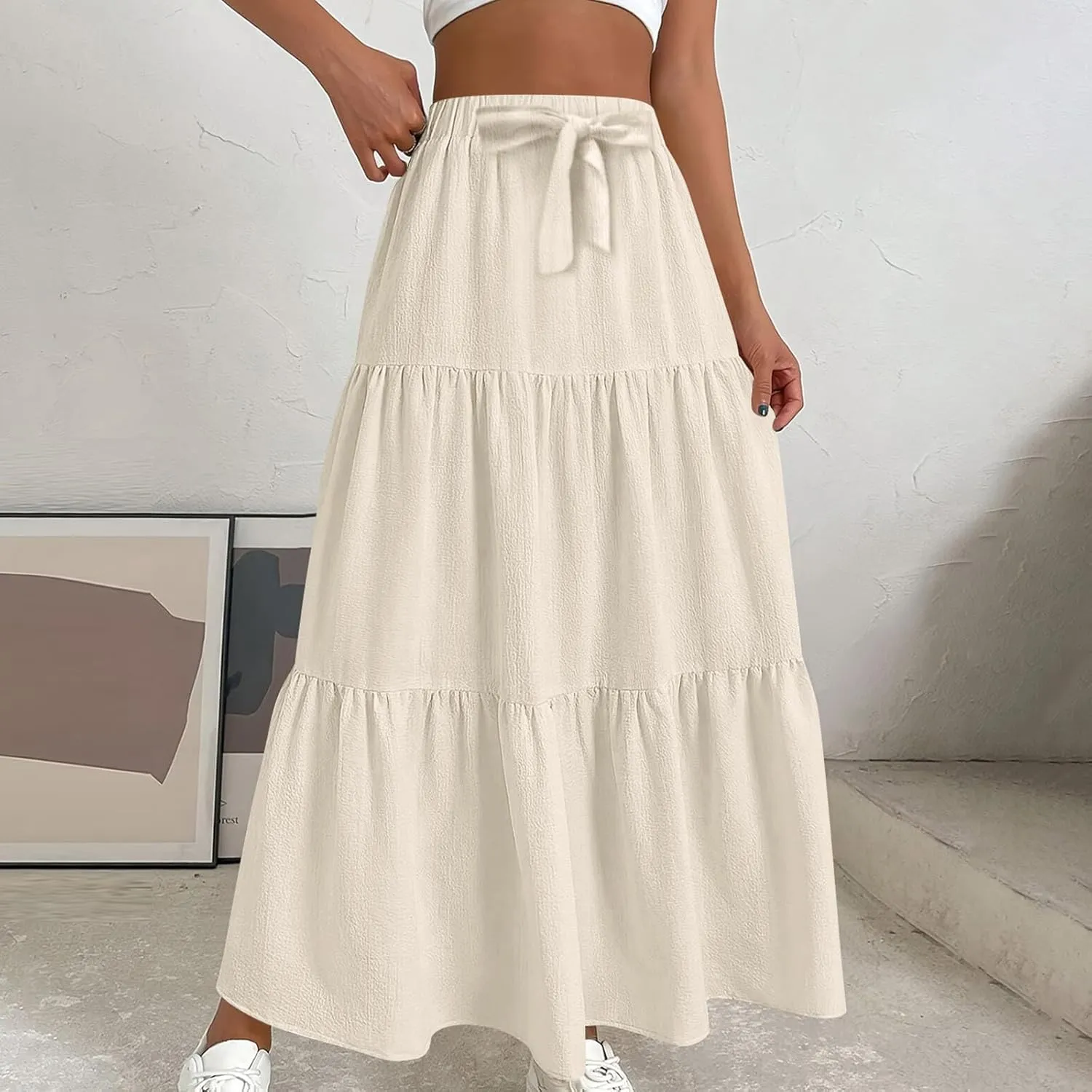 HGps8w Women's Boho Linen Flowy Maxi Skirt, Trendy Casual 2025 Summer Tiered A Line Elastic Waist Pleated Long Beach Skirts