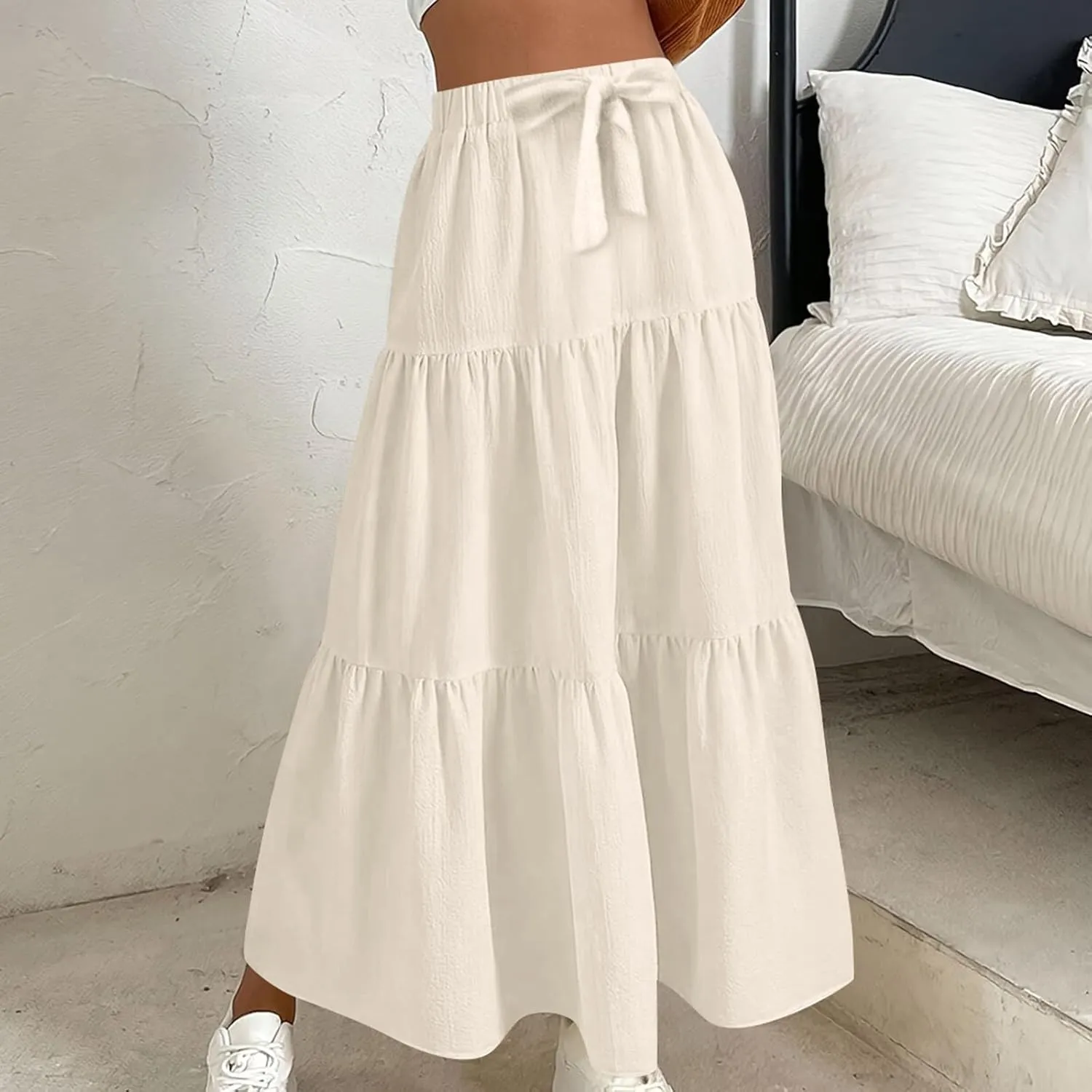 HGps8w Women's Boho Linen Flowy Maxi Skirt, Trendy Casual 2025 Summer Tiered A Line Elastic Waist Pleated Long Beach Skirts