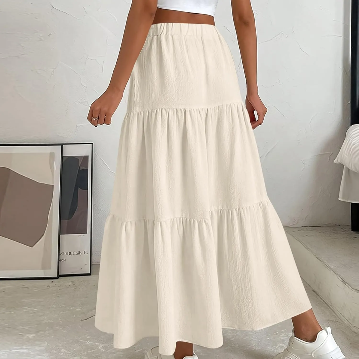 HGps8w Women's Boho Linen Flowy Maxi Skirt, Trendy Casual 2025 Summer Tiered A Line Elastic Waist Pleated Long Beach Skirts