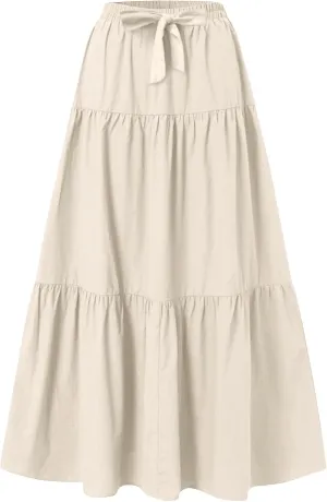 HGps8w Women's Boho Linen Flowy Maxi Skirt, Trendy Casual 2025 Summer Tiered A Line Elastic Waist Pleated Long Beach Skirts