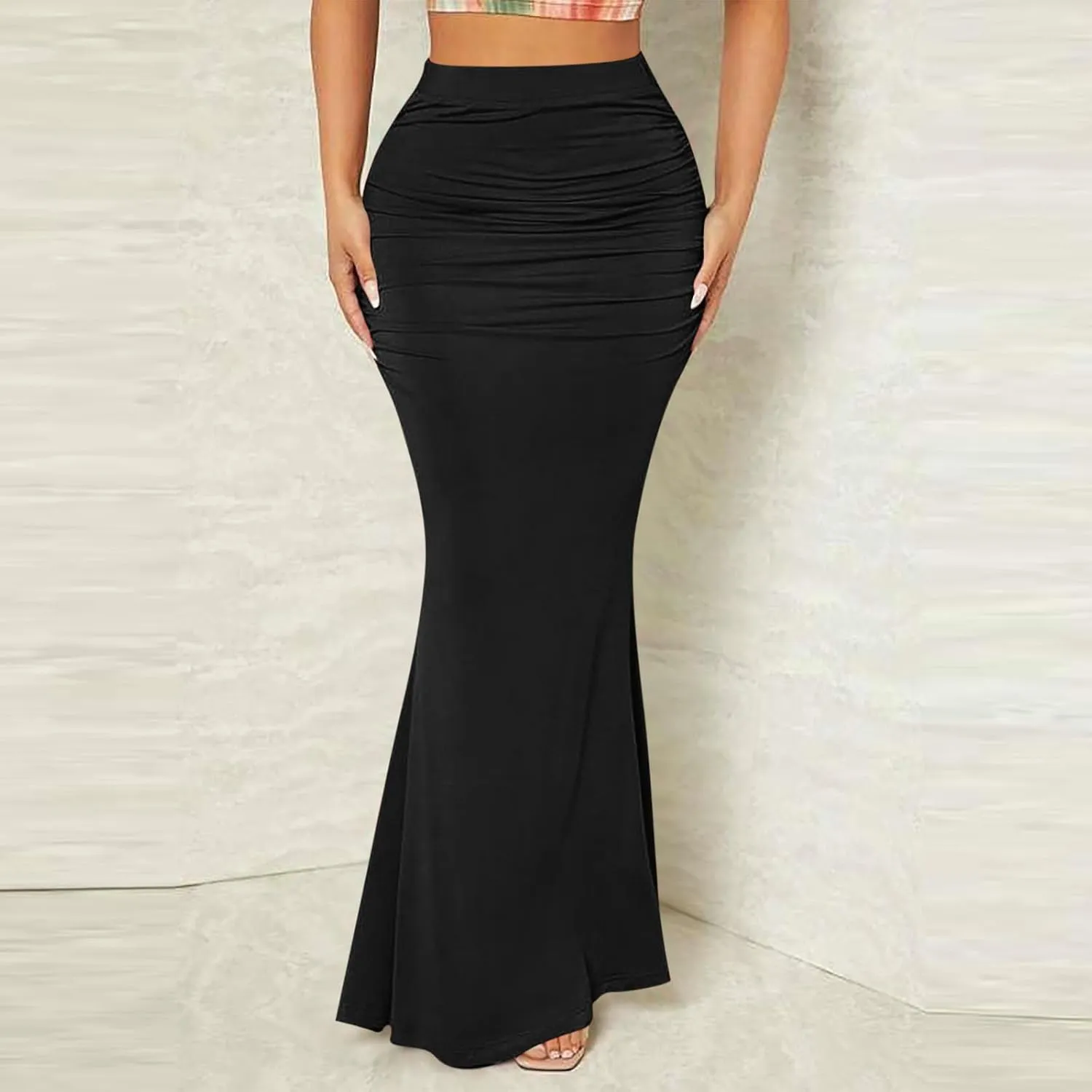 HGps8w Women's Fitted Mermaid Skirt 2025 Summer Sexy Ruched High Waisted Maxi Long Bodycon Going Out Club Skirts