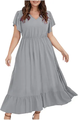 HGps8w Womens Flutter Sleeve Plus Size Summer Maxi Dress Elegant V Neck Ruffle Hem A-Line Swing Cocktail Dresses with Pockets